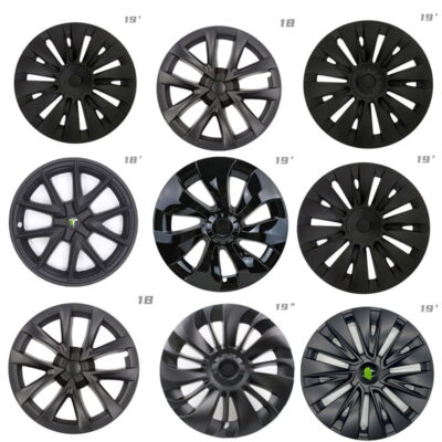Tesla Model 3/Y black wheel covers featuring aerodynamic design and modern aesthetics.