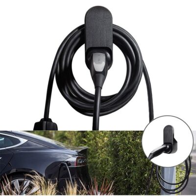 Wall-mounted Tesla charger with neatly coiled cable and handheld connector