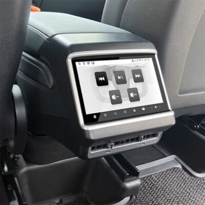 7.5-inch rear seat entertainment touchscreen display for Tesla Model 3/Y with media and climate control options.