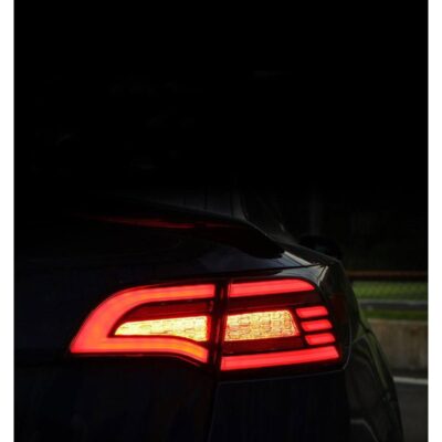 Illuminated Eagle Eye tail lights on Tesla Model 3/Y, showing the glowing brake light pattern for upgraded visibility and style