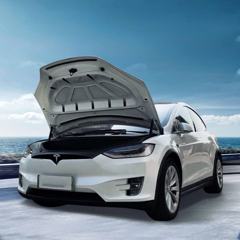 Tesla Model X/S with the hood open, showing custom automatic engine hood struts against a backdrop of sea and sky