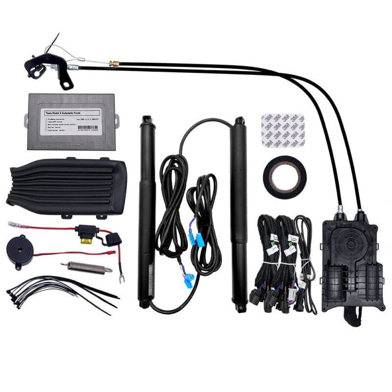 Assortment of components for Tesla Model X/S electric engine hood strut kit, including struts, cables, control module, and installation accessories on a white background