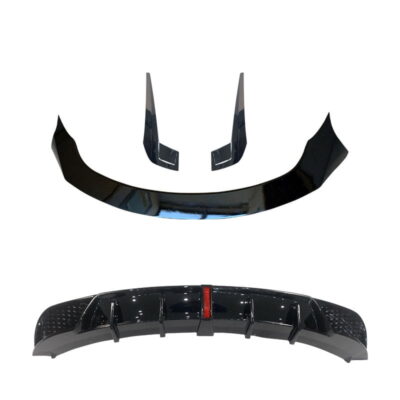 Tesla Model 3 sport style exterior body kit components, featuring a glossy carbon fiber front lip and side skirts, designed to enhance the car's sporty look