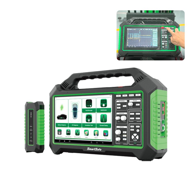 Electric Vehicle Diagnostic Tool featuring a large digital display with various vehicle diagnostics and a green and black robust design