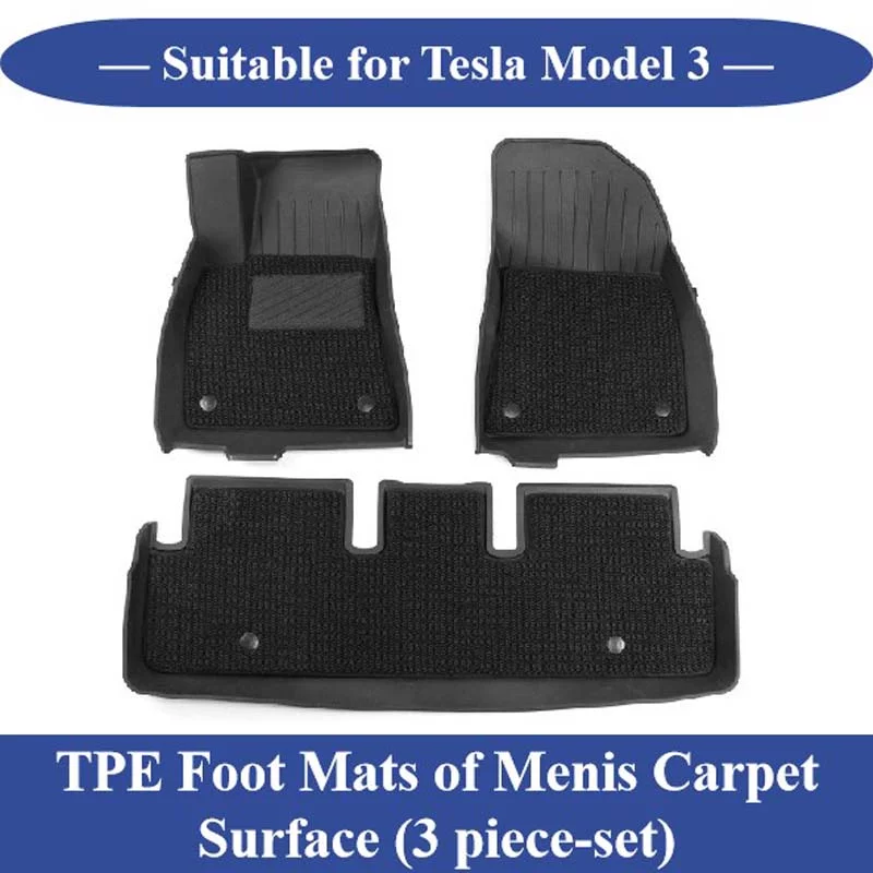 Tesla Model 3 TPE Floor Mats with Menis Carpet Surface – Waterproof and Non-Slip