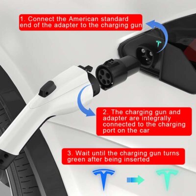 Step-by-step installation of J1772 to Tesla adapter with visual instructions.