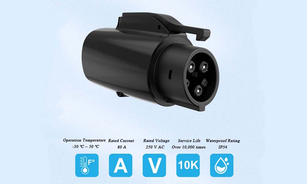 The image displays a Tesla to J1772 charging adapter, emphasizing its technical specifications. The adapter operates within a temperature range of -30°C to 50°C, has a rated current of 80 A, and a rated voltage of 250 V AC. It boasts a service life of over 10,000 uses and has a waterproof rating of IP54. Icons representing these features are shown below the adapter, indicating its durability, high performance, and suitability for various environmental conditions.