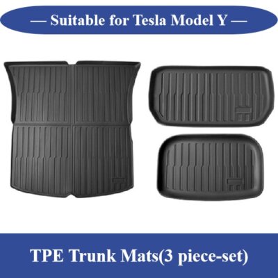 The three-piece set of TPE trunk mats specially designed for Tesla Model Y includes a main mat and two side mats. It has high durability and anti-slip properties, perfectly fits the car model, provides comprehensive protection and is easy to clean