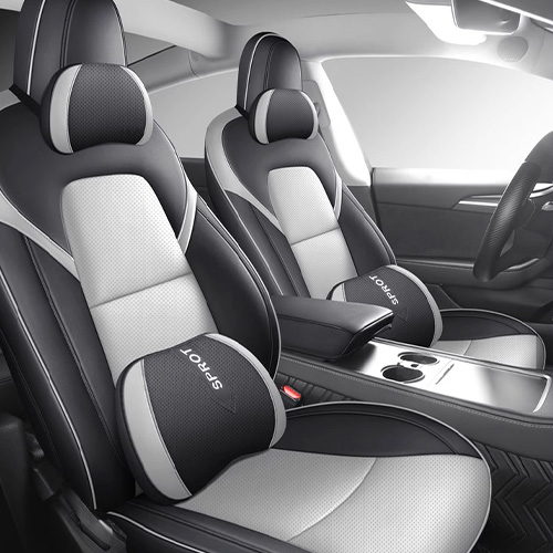Custom-fit seat covers for Tesla Model 3, featuring sporty design, durable material, and enhanced interior aesthetics.