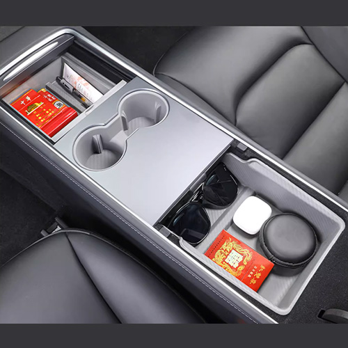 Tesla Model 3/Y center console storage organizer with compartments for small items like sunglasses, pens, and keys.