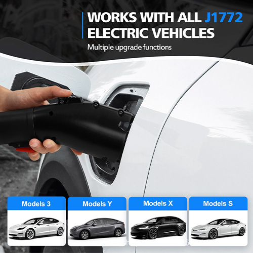 J1772 adapter is compatible with all Tesla models and electric vehicles, supporting Models 3, Y, X, and S.