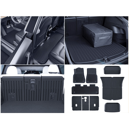 A complete set of images displaying Tesla Model 3/Y floor mats and trunk mats, including full front, rear, and trunk areas.